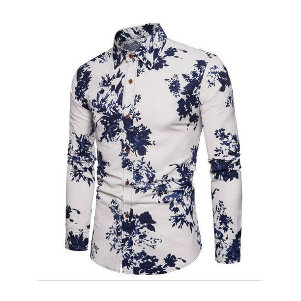 Mens Shirt Long Sleeve Slim Fit Flower Shirt Cotton Holiday Casual Shirts Party Floral Shirt New 